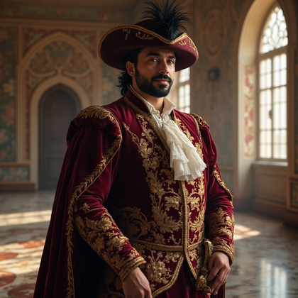 AI-generated photo: Historical hero photo depicting a character in a regal, Renaissance-inspired outfit. The ensemble is...