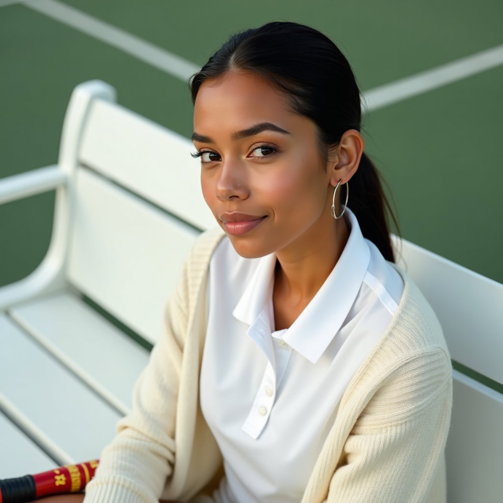 Minimal Clean Girl Tenniscore Portraits example: Photorealistic close-up portrait photography of a minimal tenniscore portrait with the subject seated on a clean white c