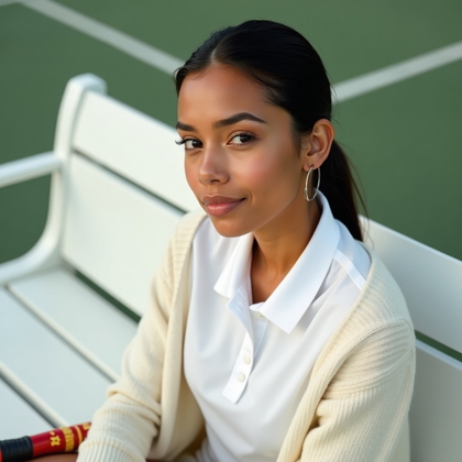 Minimal Clean Girl Tenniscore Portraits example: Photorealistic close-up portrait photography of a minimal tenniscore portrait with the subject seated on a clean white c