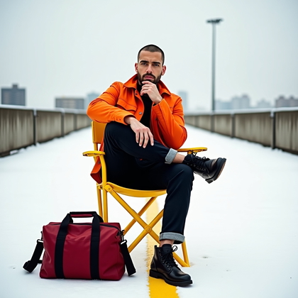 AI-generated photo: Photorealistic street fashion photograph: on a rooftop parking deck dissolving into white, the subje...