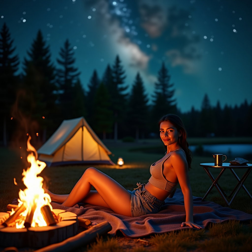 AI-generated photo: Photorealistic night portrait photography. A person reclines on a thick camping blanket near a glowi...