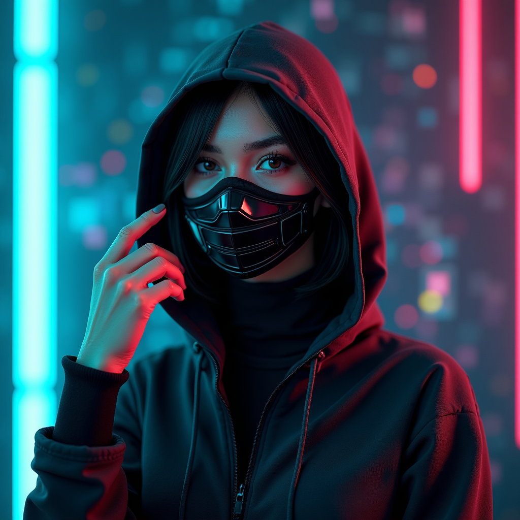 AI-generated photo: Photorealistic gaming avatar portrait photograph. The subject stands against a stylized digital back...