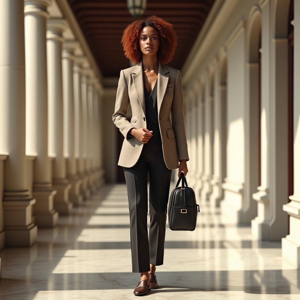Tweed Corridor: Refined full-length portrait in a long marble-floored corridor with repeated pilasters and tall shadowed doorways.