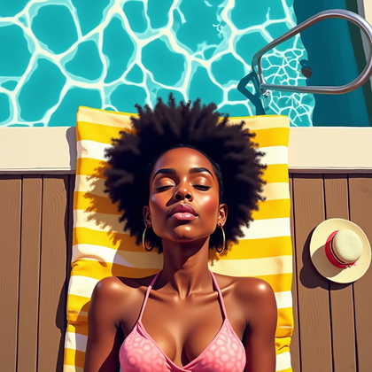 AI-generated photo: Gouache caricature illustration of a sunlit rooftop pool deck, viewed from directly overhead as the ...