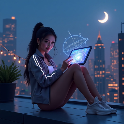 AI-generated photo: Photorealistic urban rooftop portrait. A person lounges on the edge of a high-rise rooftop at twilig...
