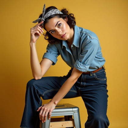 AI-generated photo: Photorealistic 1940s Rosie-style editorial fashion photography: classic chambray shirt tucked into h...