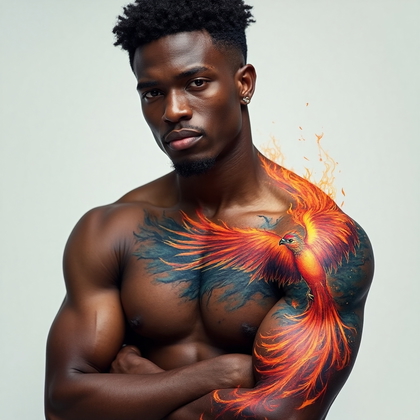 AI-generated photo: Photorealistic photography of a man with a vibrant watercolor tattoo featuring a phoenix rising from...