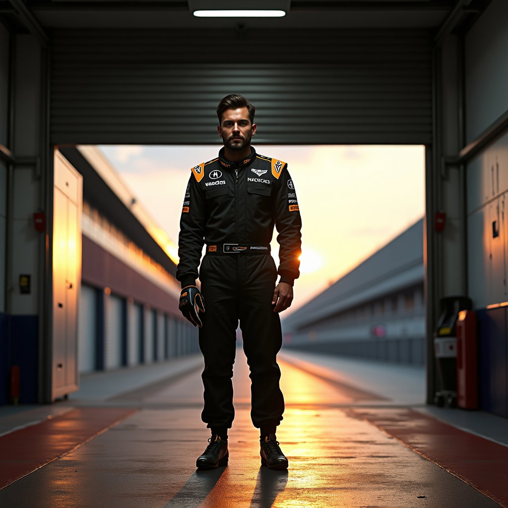 Garage Doorway Racing Suit Portrait example: Photorealistic editorial hero portrait photography. Asymmetrical full-length hero portrait with the subject standing to