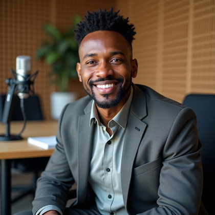 LinkedIn photo. Square crop-ready head-and-shoulders portrait in an executive podcast recording suite, with acoustic wall panels and a blurred desk microphone placed off to the side as subtle professional context. The subject sits upright on a studio stool with relaxed shoulders, face clearly visible, a friendly confident expression, smart jacket styling, soft even lighting, muted slate and sand palette, and uncluttered avatar-friendly framing.