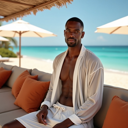 Beach Club Lounge Portraits in Resort Wear example: Photorealistic portrait photography. Half-body resort portrait beside a cushioned beach club banquette, the subject turn