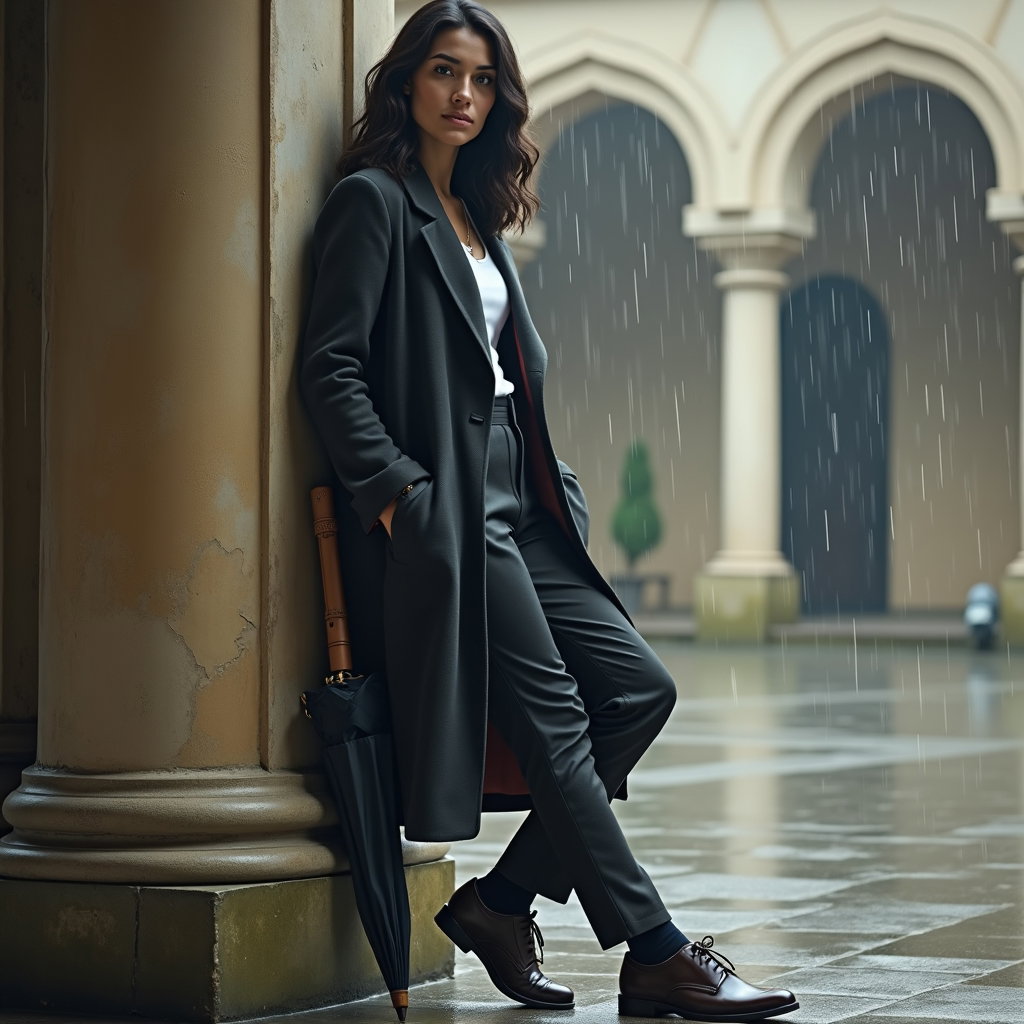 Rainy Courtyard: Full-body portrait of one person leaning lightly against a weathered stone column at the edge of a rainy courtyard, closed umbrella angled…