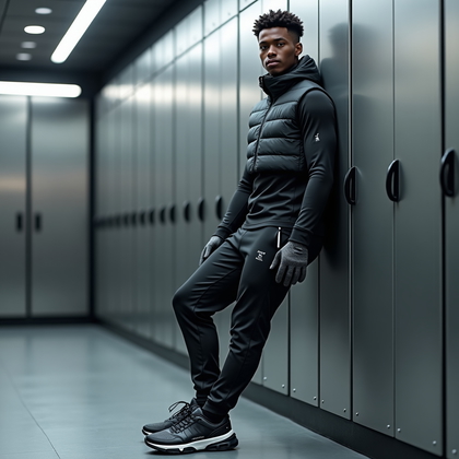 AI-generated photo: Photorealistic fashion-forward winter sports photography, three-quarter view of a winter athlete lea...