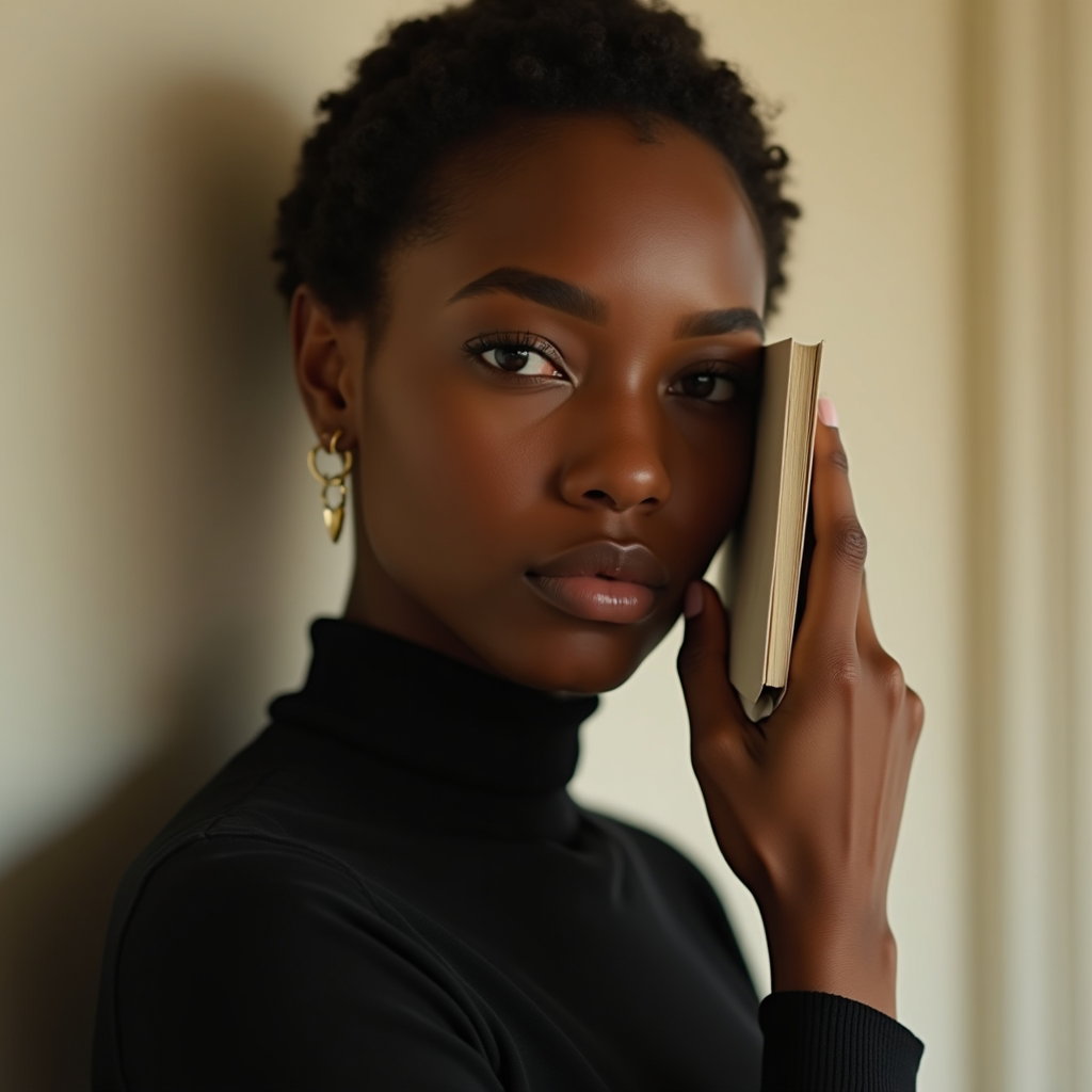 Minimal Modern Poetcore Portrait That Doesn’t Look Like a Costume example: Photorealistic portrait photography. Tight close-up portrait with the face clearly visible, one hand lightly holding a s