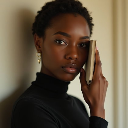 Minimal Modern Poetcore Portrait That Doesn’t Look Like a Costume example: Photorealistic portrait photography. Tight close-up portrait with the face clearly visible, one hand lightly holding a s