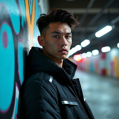 AI-generated photo: Photorealistic fashion portrait photography, tight close-up of an edgy gamer leaning against a graff...