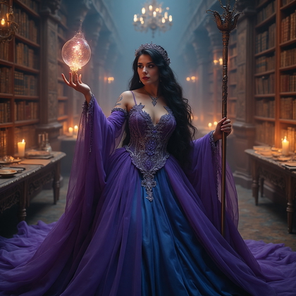 AI-generated photo: Cosplay photo showcasing a character embodying a mystical sorceress, draped in an opulent gown with ...