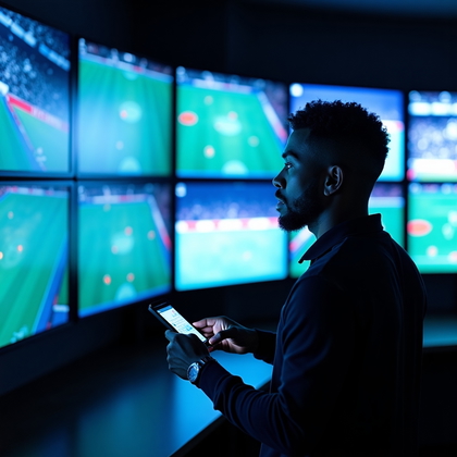 AI-generated photo: Photorealistic sports editorial photo: dim video room with a wall of glowing monitors showing pitch ...