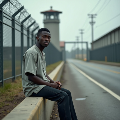 AI-generated photo: Photorealistic documentary-style portrait photograph of a person seated sideways on a low concrete b...