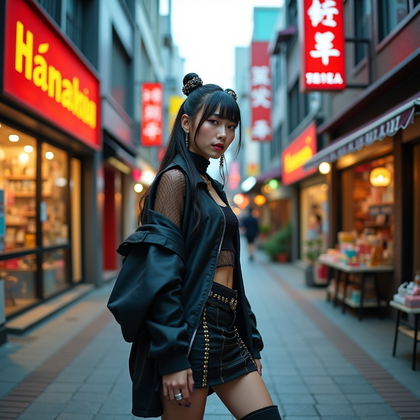 AI-generated photo: Photorealistic fashion portrait, a dramatic Harajuku-inspired editorial image captured in front of a...