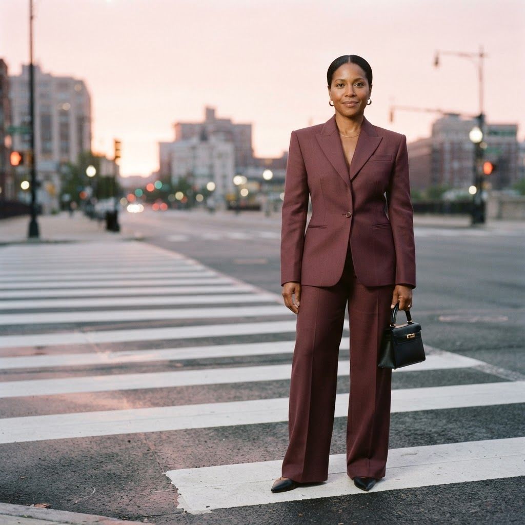 Sharp Tailoring at a Dawn Crosswalk: A realistic head-to-toe portrait on an empty crosswalk beneath a pale pink sunrise.