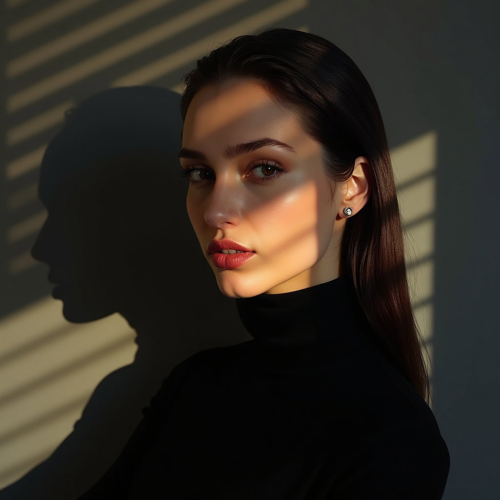 AI-generated photo: Photorealistic portrait photography. Studio scene with hard sidelight through venetian blinds carvin...