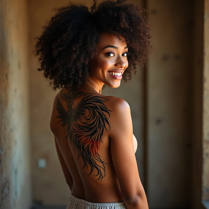 AI-generated photo: **Photorealistic photography** capturing a woman showcasing a stunning tribal-inspired back tattoo. ...
