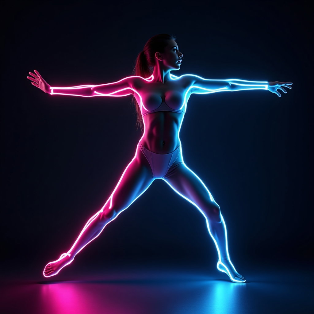 AI-generated photo: Photorealistic studio portrait. The subject is captured mid-motion in a dramatic, dance-like pose: o...