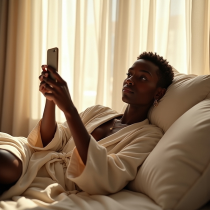 Photorealistic lifestyle selfie photo in a serene bedroom where floor-to-ceiling sheer curtains glow with morning light; reclined on rumpled linen, propped on one elbow, phone held slightly high for a flattering angle, soft expression and direct eye contact, wearing a silky robe loosely tied with a subtle pendant. Muted neutral palette with warm sunlit highlights and creamy background blur, placing the face crisp and luminous at the center.