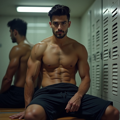AI-generated photo: Photorealistic fitness photography in a locker room under a single humming fluorescent strip, the su...
