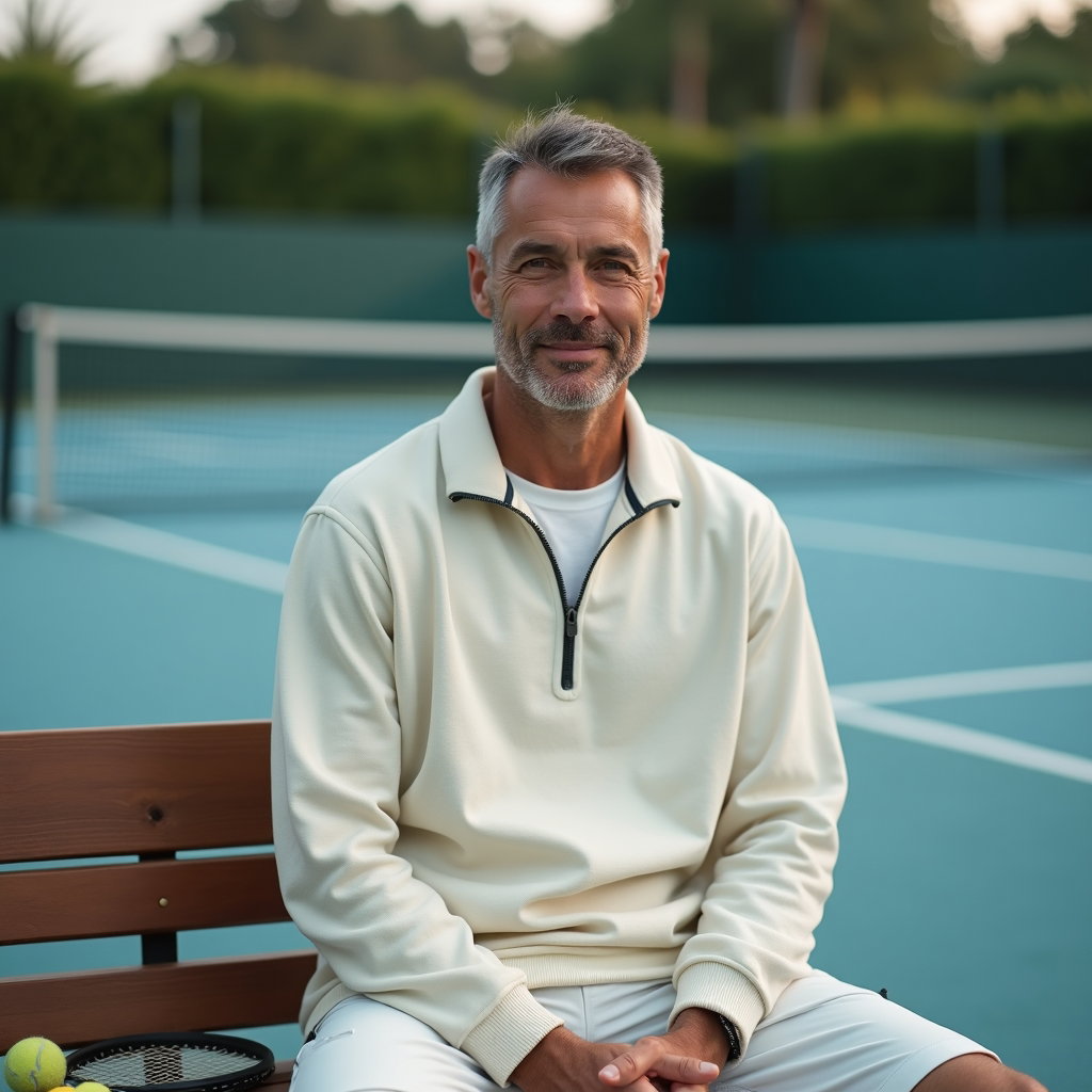 Simple Tenniscore Portraits That Avoid Looking Too Costume-Like example: Photorealistic environmental portrait photography. Seated on a wooden bench beside an empty tennis court, face clearly v