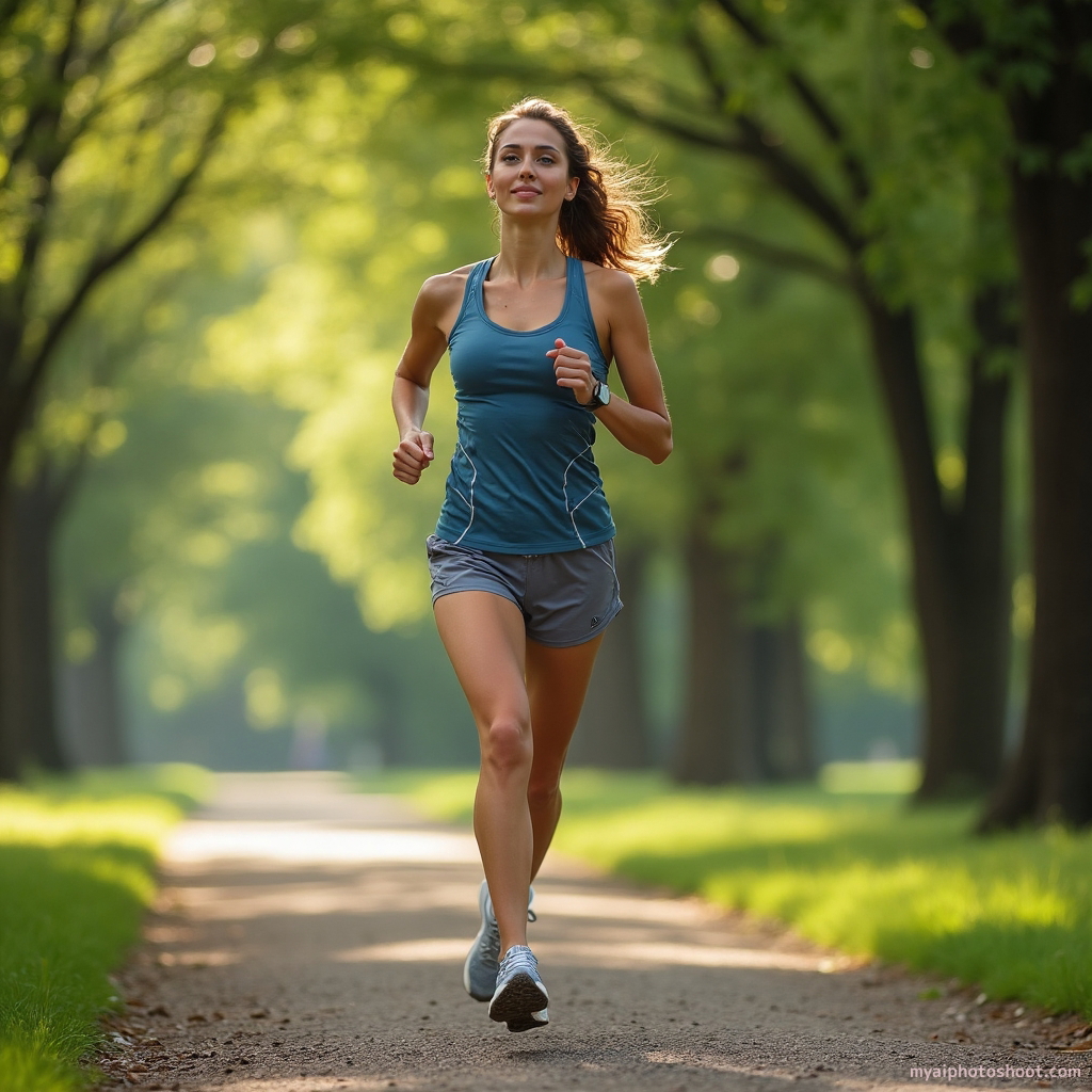 Fitness and Active Lifestyle photo showing a woman in a lush, tranquil park surrounded by tall, swaying trees during a serene morning jog. She's dressed in a light, airy, and breathable slate blue running top with reflective stripes, paired with grey athletic shorts that allow for unrestricted movement. Her sneakers are sleek and designed for running, with visible cushioning for comfort. Her pose is dynamic yet relaxed, one foot off the ground mid-stride, capturing the fluidity of her run. Her expression is focused and serene, with a slight smile as she enjoys the peaceful nature around her. The background features verdant foliage, dappling sunlight creating a warm, inviting glow. The jogging path is a mix of compacted earth and small pebbles, providing texture to the scene. The lighting is soft, with a gentle dawn light that enhances the natural beauty of the setting. The atmosphere is calm and invigorating, highlighting the balance of fitness and peacefulness in nature with a lifelike attention to detail.