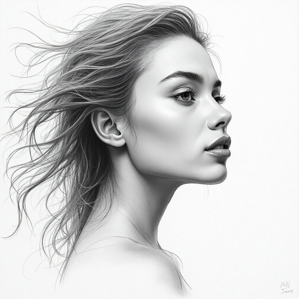AI-generated photo: Line Art Drawing. Create a serene soft focus portrait featuring a subject with flowing hair that ble...