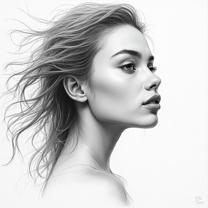 AI-generated photo: Line Art Drawing. Create a serene soft focus portrait featuring a subject with flowing hair that ble...