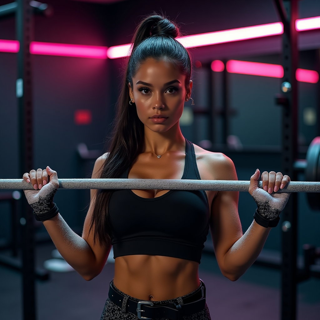 AI-generated photo: Photorealistic gym photography; boutique strength studio with dark walls and neon accent strips, the...