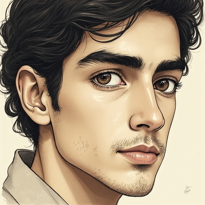 AI-generated photo: **Line art illustration.** Focus on a close-up of a 27-year-old Middle Eastern man with a lean build...