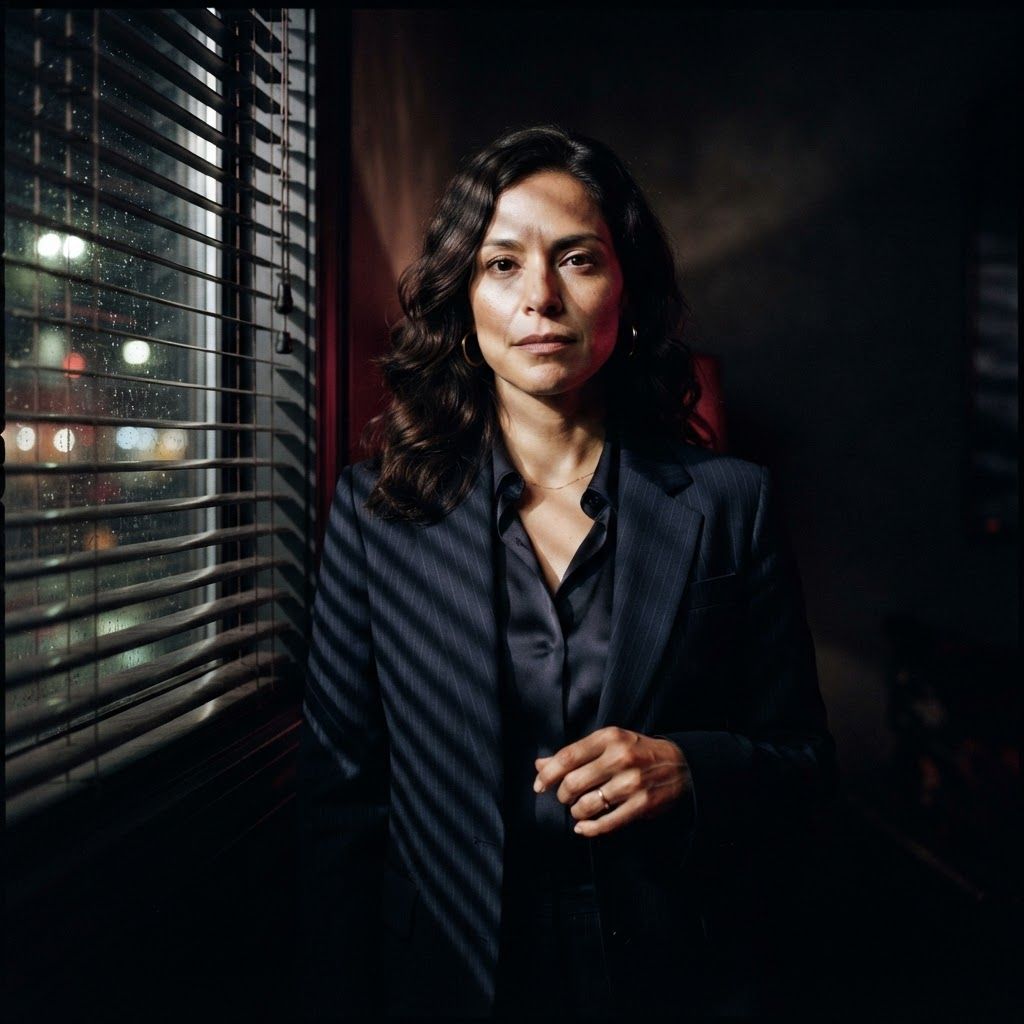 Venetian Blind Shadows: Half-body neo-noir portrait of one visible person posed near a window with Venetian blinds, wearing a sharp dark suit jacket over a satin…