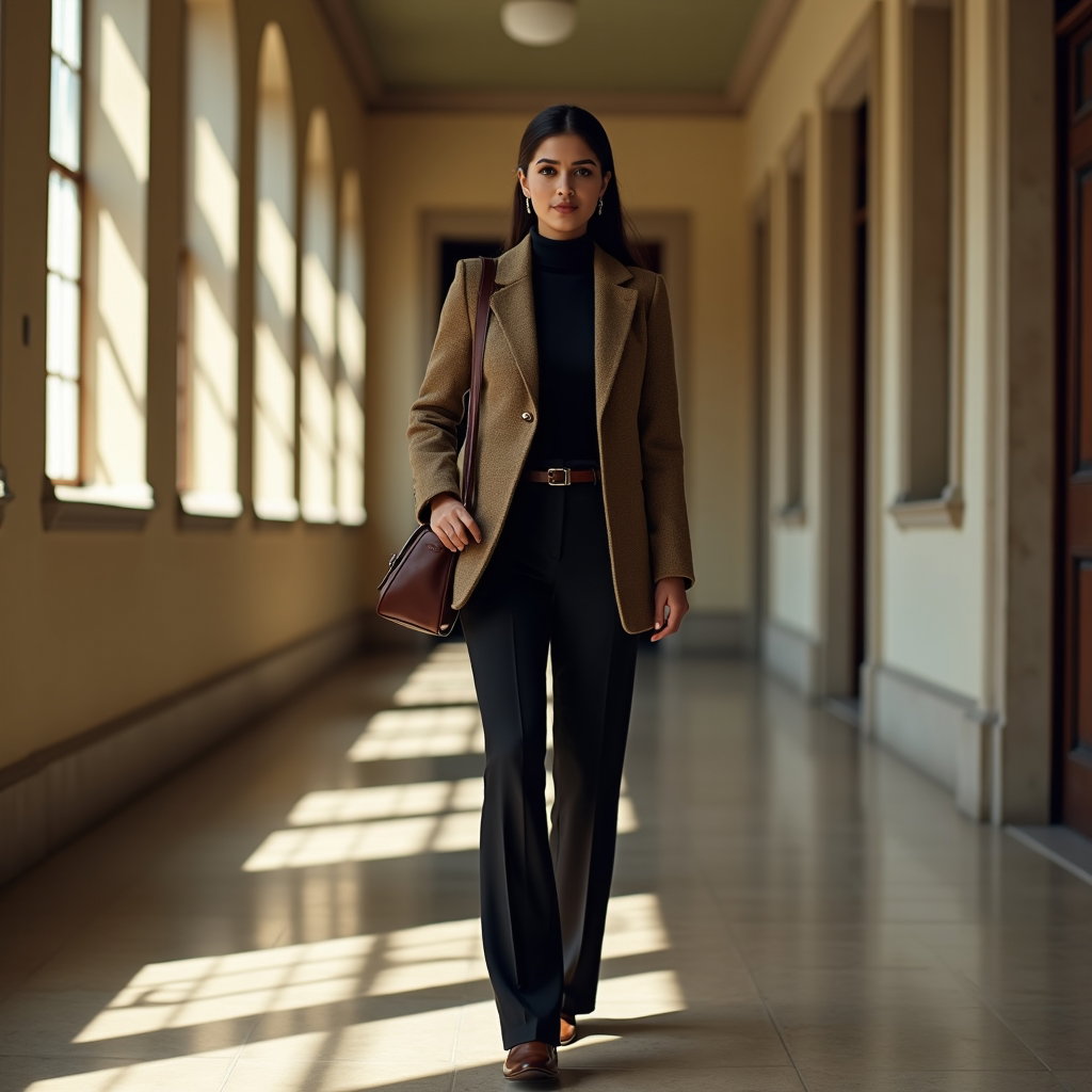 Tweed Corridor: Full-body hallway portrait at the end of a long corridor with high windows casting rectangular light onto the floor.