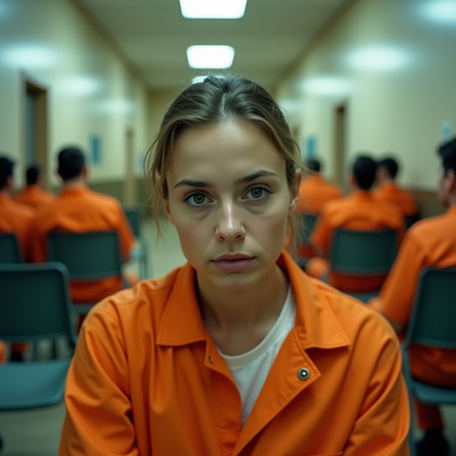 AI-generated photo: Photorealistic prison photography close-up, the subject seated on a bolted-down bench in a crowded i...