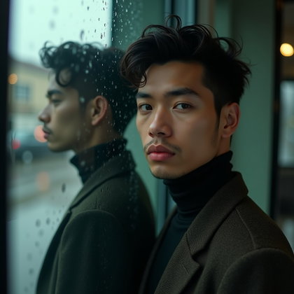 Melancholy Rainy Window Portrait example: Photorealistic creative portrait photography. Unexpected reflection portrait using both the real subject and their clear