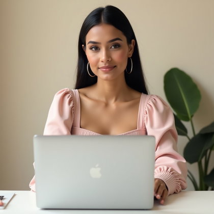 Entretien vidéo à distance : portrait à mi-corps pour entretien vidéo, lumineux mais doux, à un bureau compact à la maison.