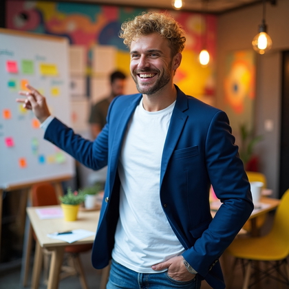 AI-generated photo: LinkedIn photo of a charismatic male innovation coach leading a brainstorming session in a creative ...