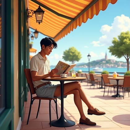 Café Terrace Solo Portraits With Effortless Vacation Style example: Photorealistic environmental café terrace portrait. A solo subject sits at a corner table under a striped awning, face c