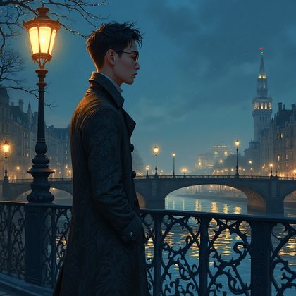 AI-generated photo: Art Nouveau illustration. Create an enchanting night scene featuring a young man standing on a bridg...