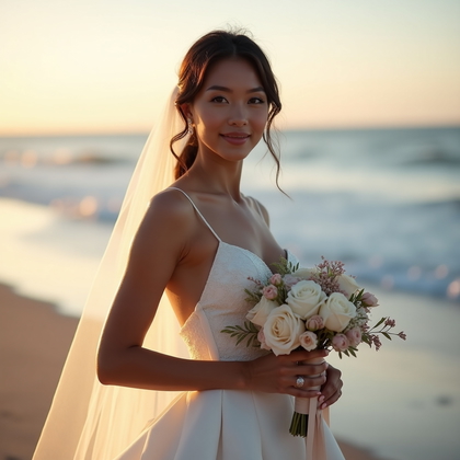 AI-generated photo: Photorealistic wedding photography at the shoreline during blue-hour glow, where the bouquet is held...