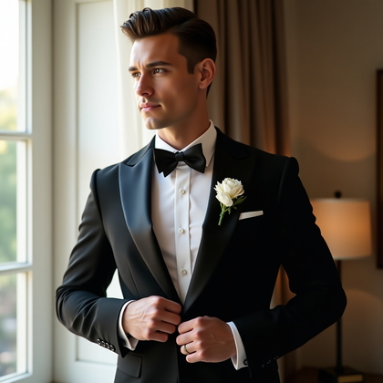 AI-generated photo: Photorealistic wedding photography portrait showing a groom in a classic black tuxedo with satin pea...