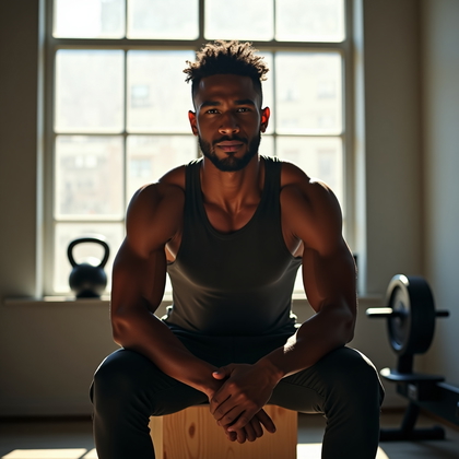 AI-generated photo: Photorealistic natural-light portrait photography of a subject seated on a wooden plyo box by a larg...