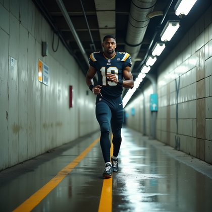 AI-generated photo: Photorealistic professional sports photography of a solo rookie striding laterally through a concret...