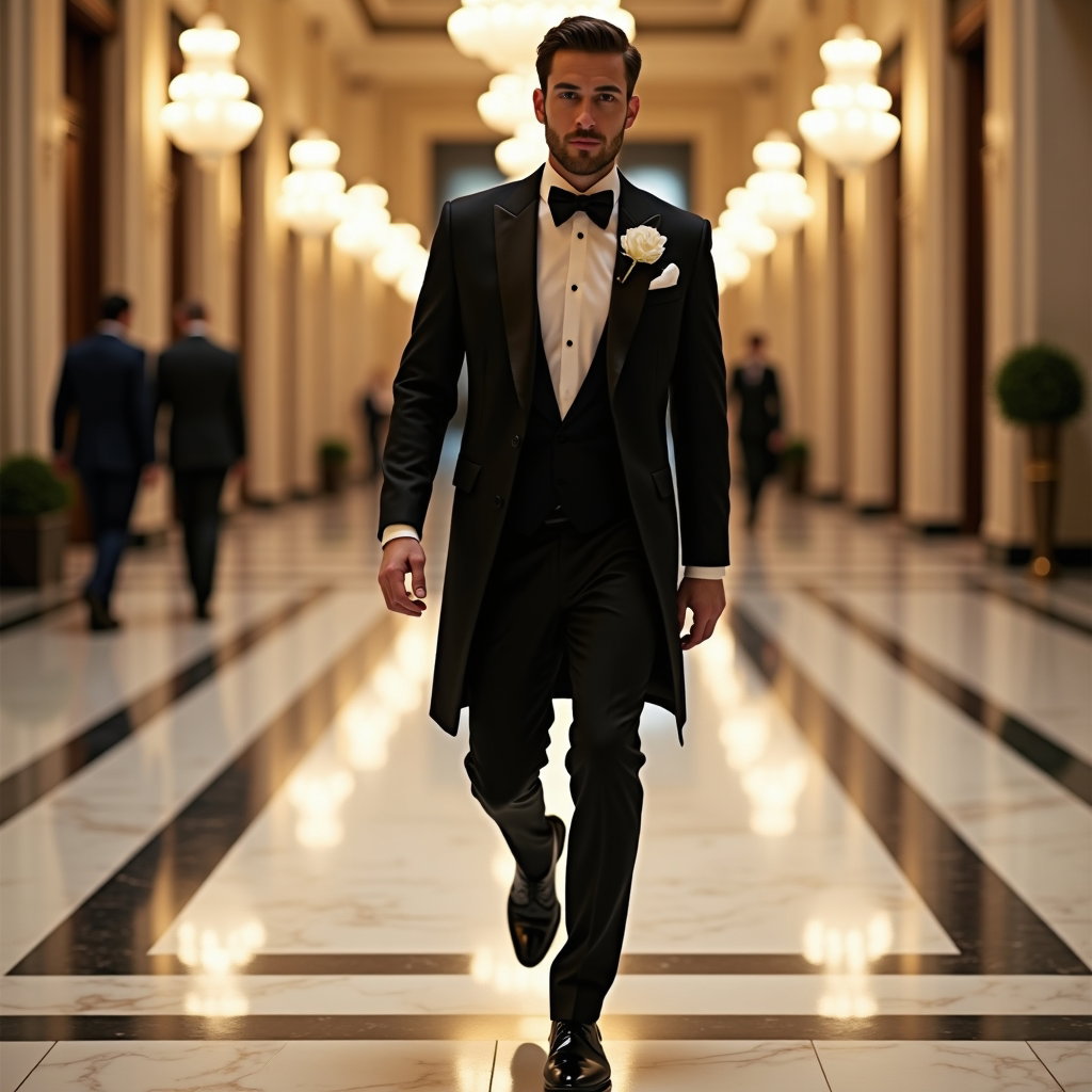 AI-generated photo: Photorealistic wedding editorial photography inside a grand lobby with marble floors and a sweeping ...