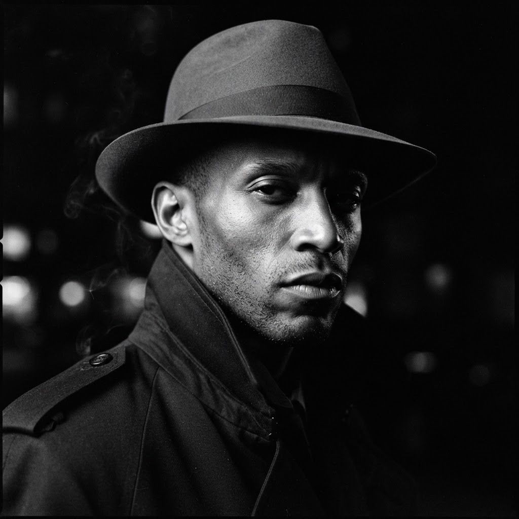 Private Eye Close-Up: Tight head-and-shoulders private eye portrait, single person in a dark trench coat with the collar turned up and a low fedora brim shadowing…