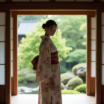 AI-generated photo: Fashion portrait photography, a standing kimono portrait framed beneath a wooden engawa overlooking ...